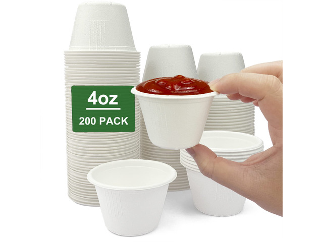 4 oz Disposable Bagasse Fiber Souffle Cups 200pk, 100% Natural Biodegradable Compostable Condiment Cups Sample Cup Tasting Cup (White, Pack of 200)