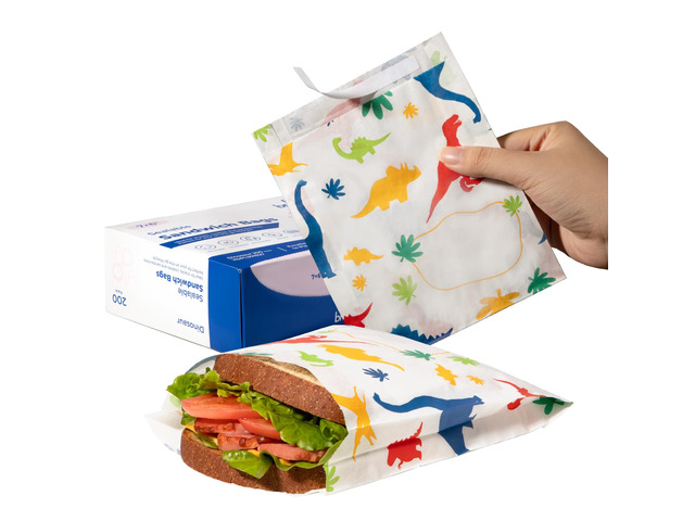 200 Pack Paper Sandwich Bags Sealable 7 x 6', Dinosaurs Greaseproof Snack Bag, Food Grade Pastry Bag, Recyclable Small Paper Bags, Cookie Sleeves,...