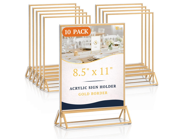 10 Pack 8.5×11 Clear Acrylic Sign Holder with Gold Borders and Vertical Stand, Double Sided Table Menu Holders Picture Frames for Wedding Table...
