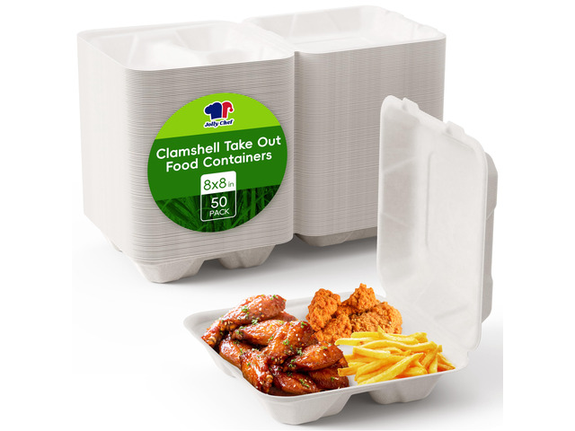 Disposable Clamshell Take Out Food Containers, [8 * 8' 50-Pack] 3-Compartment Sugarcane Clamshell Takeout Boxes, 50-Pack To Go Boxes for...