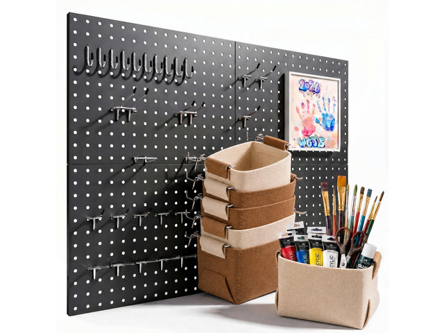 Peg Board, 4 Pack Metal Pegboard Wall Organizer with Accessories Black Pegboard Panels with 50 Pcs Hooks and Baskets, Wall Organizer for Office,...