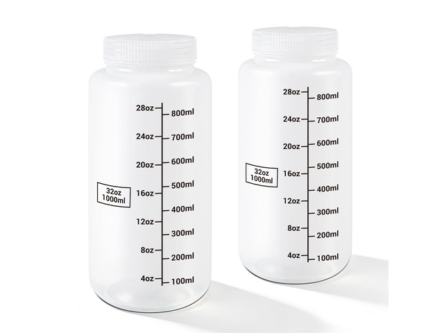 Plastic Bottles with Airtight Caps 32oz/1000ml, Food Grade Wide Mouth Liquid Containers, Reusable HDPE Graduated Plastic Bottles for Water Sample...