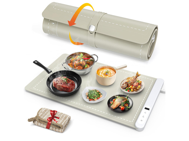 Warming Mat for Food 24'x15', Rapid and Full Surface Heating Khaki 6 Temp Settings, 6H Timer, Rollable Portable Silicone Electric Food Heating Mat...