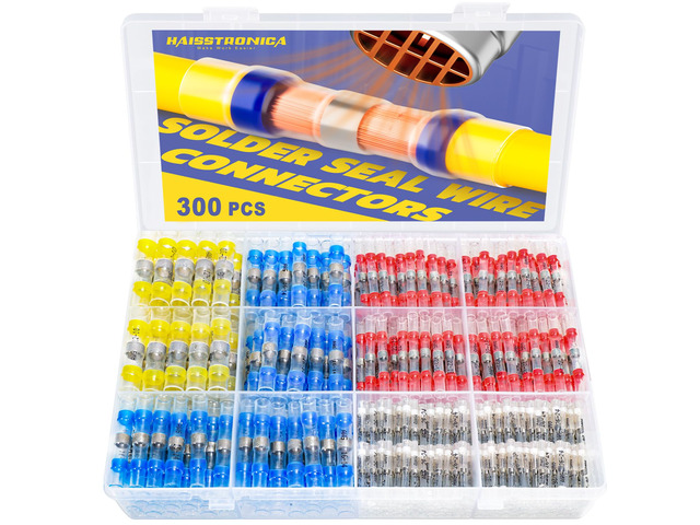 300PCS Solder Seal Wire Connectors Kit, 4 Colors/4 Sizes 26-10 AWG, Wire Gauge Markings, Clear Sleeves, Hot-Melt Adhesive Rings, Compartment...