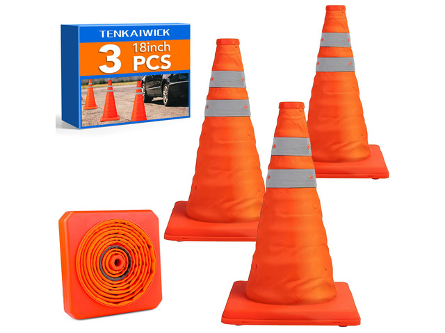 18 Inch 3 Pack Traffic Cones, Collapsible Safety Cones, Multi Purpose Pop-up Cones with Reflective Collar, Orange Cones for Parking lot, Driveway,...