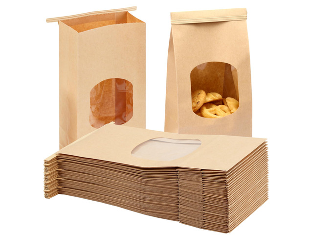 100pcs Medium Bakery Cookie Bags with Window, 4.5x2.36x9.6In Brown Kraft Paper Cookie Bags with Seal, Seal by Tin Tie Tab, for Cookie Coffee Bread...