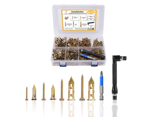 420Pcs Self Drilling Drywall Anchors with Screws Kit,Zinc Plated Steel,4 Sizes Expansion Screws and 2 Sizes Wall Anchors,No Drill Dry Wall Anchors...