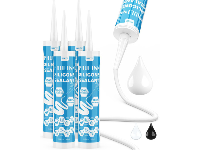 Silicone Caulk White, 100% Silicone Sealant Waterproof for RV, Kitchen, Bath, General Use, Window, Door, Glass, Marine, 10.2 Oz, 4 Packs
