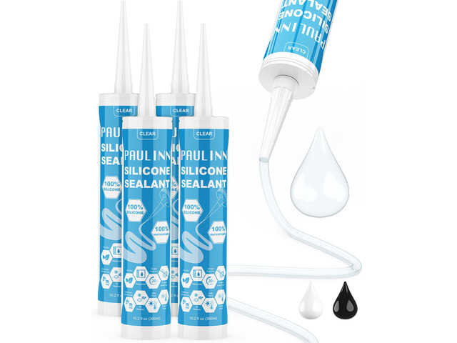 Silicone Sealant, 100% Silicone Caulk Clear Waterproof for RV, Kitchen, Bath, General Use, Window, Door, Glass, Marine, 10.2 Oz, 4 Packs