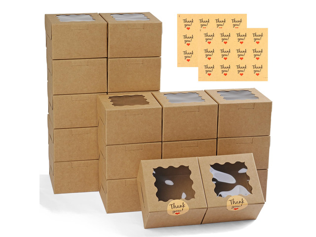 Cookie Boxes with Window, Small Bakery Boxes for Dessert Pastry 52 Pcs with Stickers, 4×4×2.5 in, Brown, Window Top, Packaging for Cinnamon Roll,...