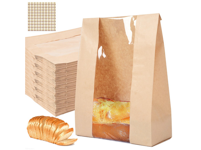 100 pack bread paper bags with window, including 100 homemade bread storage label seal stickers (13.7x8.3x3.5 inches)