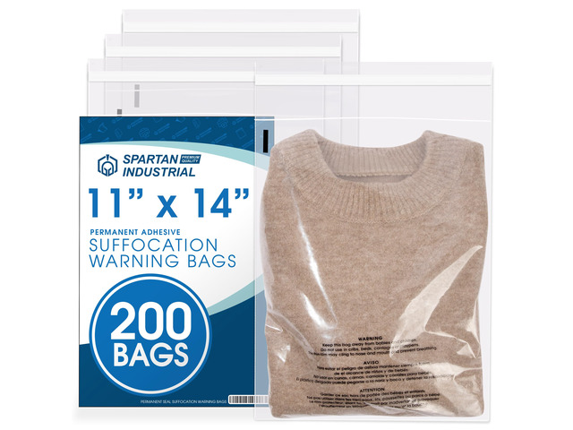 11 X 14 (200 Count) Self Seal Clear Poly Bags with Suffocation Warning for Packaging, T Shirts - Permanent Adhesive