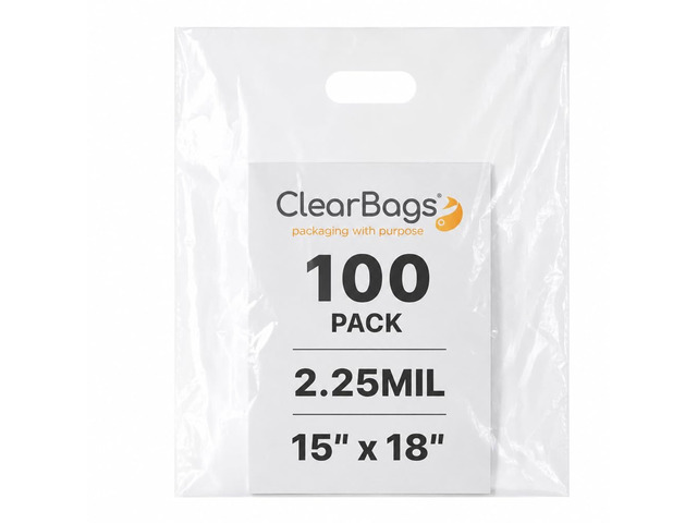 15'x18' Clear Plastic Bags With Handles - 2.25 Mil Extra Thick - 100 Pack Transparent Bag with Grip for Gifts, Shopping, & Merchandise - Durable...
