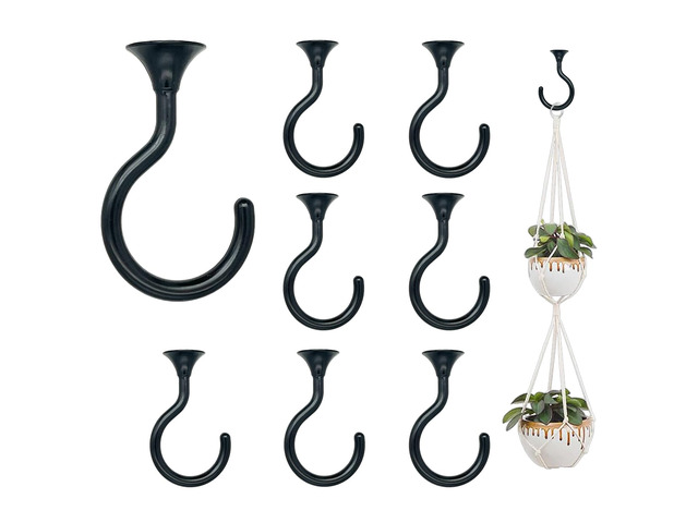 Heavy Duty Ceiling Hooks for Hanging Plants 8 Pack (Black) Holds 30 lbs on wood & concrete, 20 lbs on drywall; 2.4' rustproof swag hook for string...