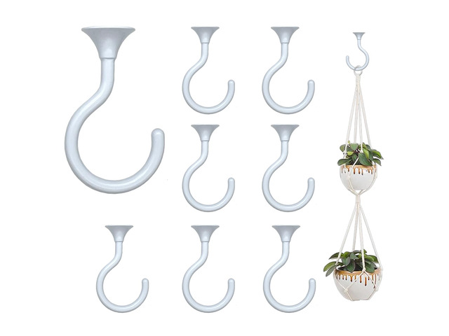 Heavy Duty Ceiling Hooks for Hanging Plants 8 Pack (White) Holds 30 lbs on wood & concrete, 20 lbs on drywall; 2.4' zinc alloy swag hook for...