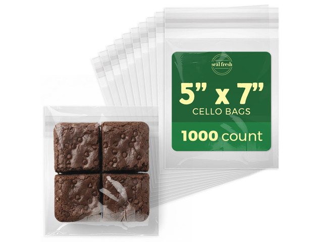 Self Sealing Cellophane Bags - 5' x 7' (1000 Count) - Clear Plastic Resealable Cello Bag - Cellophane Treat Bags, Cookie Bags for Packaging, Candy...