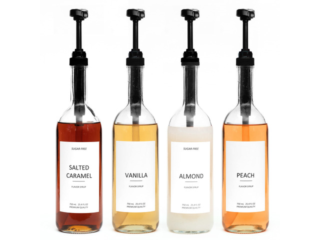 25.4 oz 750 ml Glass Coffee Syrup Dispenser for Coffee Bar - 4 Pack - Comprehensive Label Set & Â¼ oz Pumps Included