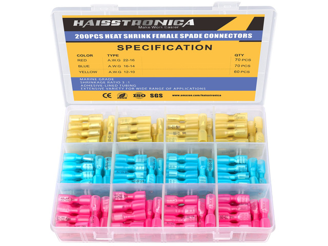 200PCS Heat Shrink Spade Connectors, 22-10 AWG, Female Female Replacements for Existing Male Tabs, Quick Disconnects for Component Service, 3:1...