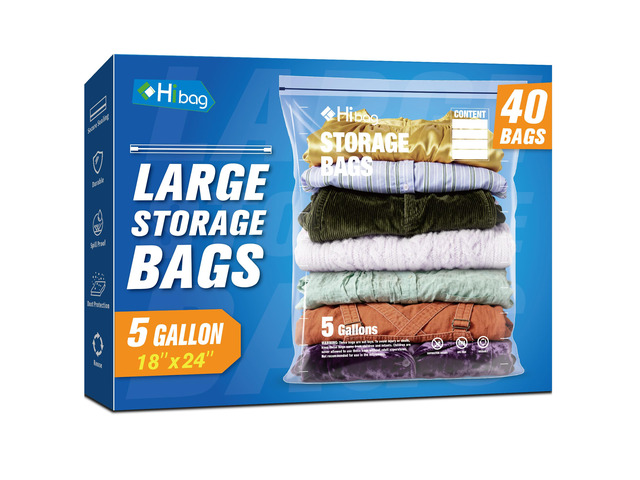 5 Gallon Extra Large Zippered Plastic Bags for Storage, 18'' x 24'', Clear Storage Bags for Clothes, Extra Thick 40 pack