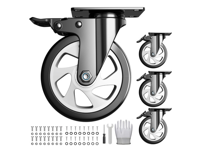 5 Inch Caster Wheels with Safety Dual Locking 2400Lbs, Heavy Duty Swivel Casters Set of 4, Polyurethane No Noise Wheels for Cart, Workbench,...