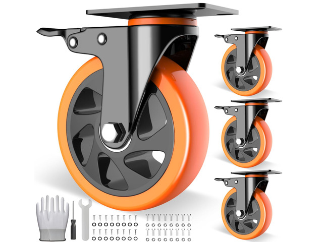 5 inch Casters Wheels, Heavy Duty Casters Set of 4 Load 2400lbs with Brake, Locking Swivel Plate Caster, Industrial Castor Wheels for...