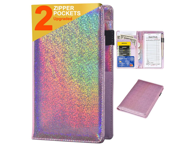 Server Books for Waitress - Glitter Leather Waiter Book Server Wallet with Zipper Pocket, Cute Waitress Book & Waitstaff Organizer with Money Pocket...