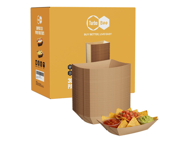 Disposable Paper Food Trays 2lb, 300 Pack Bulk Brown Paper Boats - Heavy Duty Serving Trays for Fries, Tacos, Popcorn, Hot Dogs - Great for QSR...
