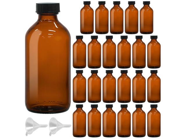 8oz Amber Glass Boston Round Bottles for Vanilla Extract, 24Pack Empty Brown Glass Bottles with Phenolic Polycone Caps, Airtight & Leak-Proof for...