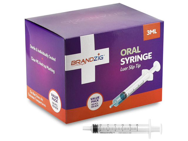 3ml Syringe - 100 Pack Luer Slip Tip, No Needle, Individually Blister Packed - Medicine Administration for Infants, Toddlers and Small Pets