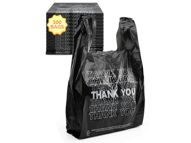 300 Count Thank You Bags, 12 x 6 x 22 in, 15 Mic Black Bags Reliable Carryout and Shopping Bags with Reinforced Handles for Retail, Grocery,...