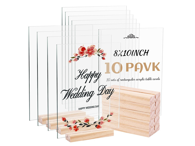 10 Pack 8x10 Inch Blank Clear Acrylic Sign with Wooden Stands, Rectangle Top Acrylic Sheet, DIY Acrylic Rectangle Table Numbers for DIY Name Card...