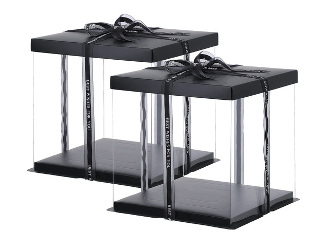 2Pcs Large Cake PET Clear Box, 10' X 10' X 9' with ribbon and pre-folded lid, for 8' cake packing carry, baking cookie display, Carry Tall Layer...