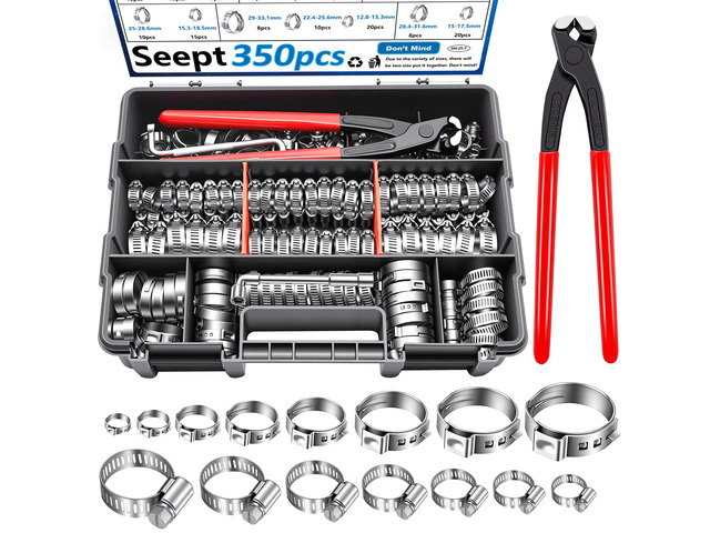 350Pcs 5.3-51mm Single Ear Hose Clamps with Worm Gear Hose Clamps Assortment Kit Pack in Handheld Box for Auto/Home Appliance/Pipe/Fuel Line