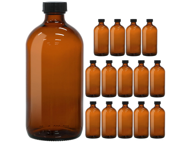 16oz Amber Glass Bottles with Polycone Caps for Kombucha, 15 Pack Brown Glass Containers for Vanilla Extract, Brewing, Storing Condiments,...