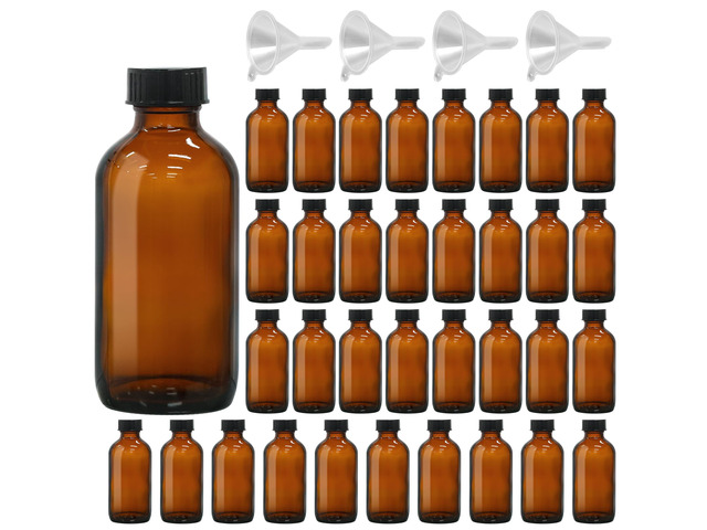 4oz Amber Glass Boston Round Bottles for Vanilla Extract, 35Pack Brown Glass Bottles with Phenolic Polycone Caps, Airtight & Leak-Proof for...