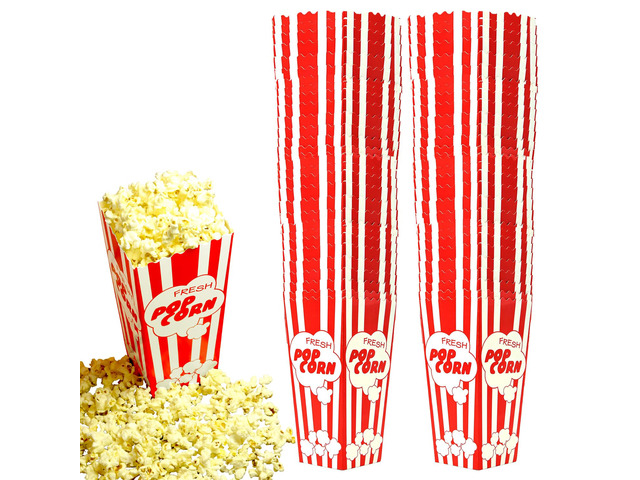 60 Tall Movie Night Paper Popcorn Boxes Nostalgic Red White Stripes Large buckets hold 46oz, stand 7.75 inches, with vintage, old-fashioned retro...