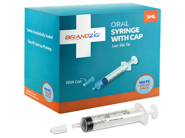 5ml Syringe With Cap (100 Pack) Oral Dispenser Without Needle, Luer Slip Tip, Individually Wrapped Medicine Dropper For Infants & Pets