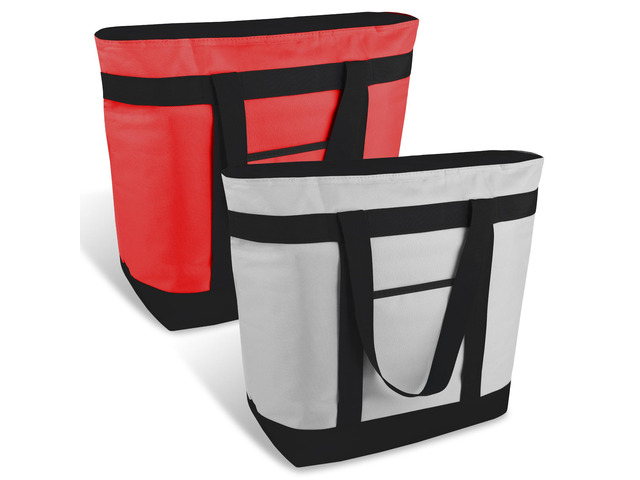 2PK Insulated Grocery Tote Bags with Top Zipper, Red, 39L Large Reusable Cooler Bags, Leak-Resistant Thermal Shopping Bag for Food Delivery, Beach,...
