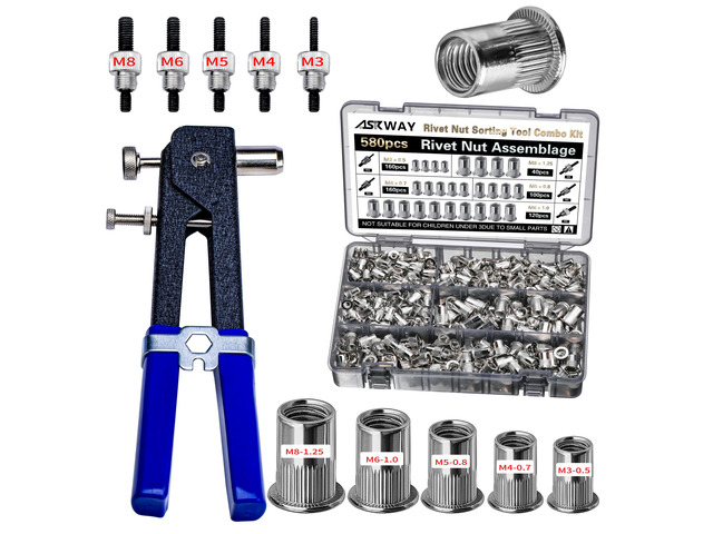 Metric Rivet Nut Tool Set 580pcs Threaded Rivet Nut Tool Kit Carbon steel rivet nuts (M8, M6, M5, M4, M3), including rivet nut installation tools...