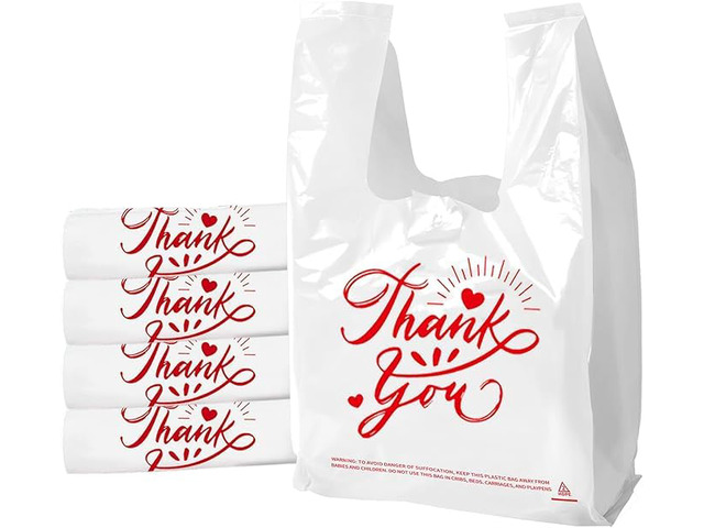 300 Pack Upgraded White Thank You T-Shirt Bags - 11.5'x6.5'x21' Reusable Grocery Bags with Handles, Eco-Friendly Retail Packaging for Supermarket &...