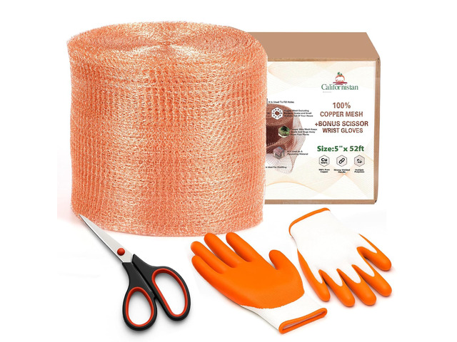 Copper Mesh Rodent Control Roll, 5 in x 52 ft, with Scissors and Gloves Rustproof Copper Mesh Roll for Rodent, Bat and Snail Control, Hole...