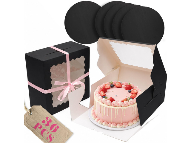 10'x10'x5' Cake Box, 36 Sets Black Cake Box with Window 36 Sets 10' Black Cake Round Boards, for Cake, Treat Cookie Dessert, Pastry, Birthday...
