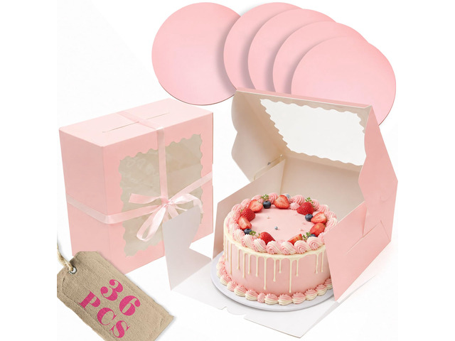 10'x10'x5' Cake Box, 36 Sets Pink Cake Box with Window 36 Sets 10' Pink Cake Round Boards, for Cake, Treat Cookie Dessert, Pastry, Birthday Party,...