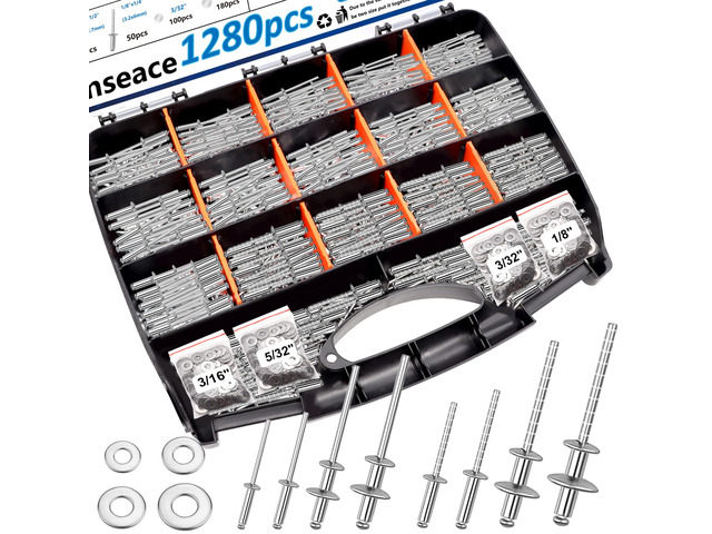 1280Pcs Stainless Steel Rivets with Pop Rivets with Washer 1/8Inch 5/32Inch 3/16Inch for Metal,Furniture,Automotive,Instrument