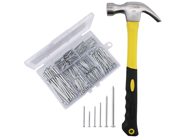 376PCS Nails & Hammer Set, 8oz Hammer, 6 Nail Sizes for Hanging Pictures Rustproof Coating, Soft Non-Slip Grip, Perfect for Home Repairs,...