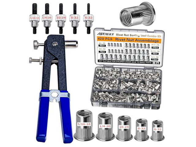 SAE Rivet Nut Tool 420pcs Imperial Carbon Steel Rivet Nut Tool Kit Threaded Rivet Nut5/16-181/4-2010-248-326-32, Suitable for Furnitur, Automotive,...