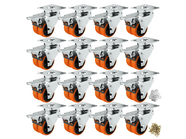 2' Double Wheel Casters with Brake (16 Pack) Orange TPE, Heavy Duty, Non-Marking, Swivel Plate Dual Locking, For Garage Workshop Cart