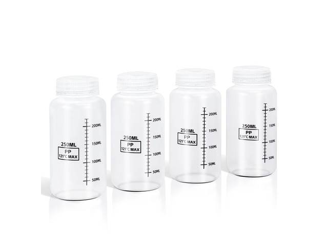 Plastic Bottles with Airtight Caps 8oz/250ml, Food Grade Wide Mouth Liquid Containers, Reusable HDPE Graduated Plastic Bottles for Water Sample Lab...
