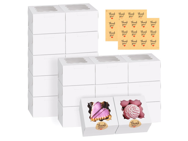 Cookie Boxes with Window, Small Bakery Boxes for Dessert Pastry 52 Pcs with Stickers, 4×4×2.5 in, White, Window Top, Packaging for Cinnamon Roll,...