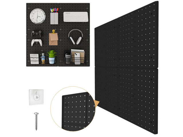 Plastic Pegboard Wall Organizer Kit, 12x12, 4 Pack, Black Durable ABS material, compatible with 1/4'and 1/8' pegboad accessories, includes adhesive...